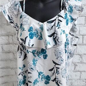 Floral Ruffle-Trim Sleeveless Top - White with Teal Floral